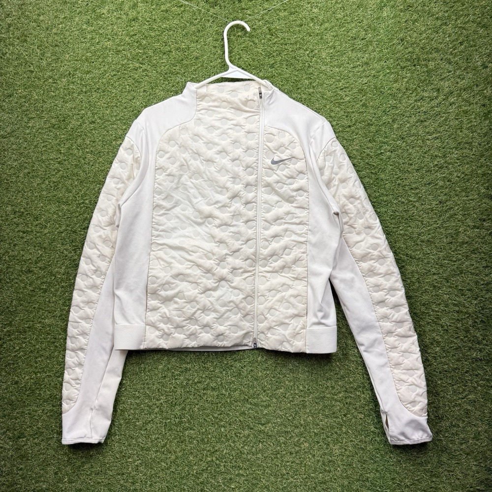Nike Aeroloft Jacket Womens Large Puffer Zip Up Beige Ivory Mock Neck Lightwight